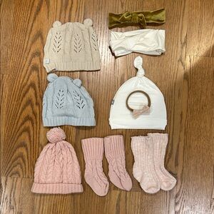 Baby Knit Hats, Socks, Bows Bundle